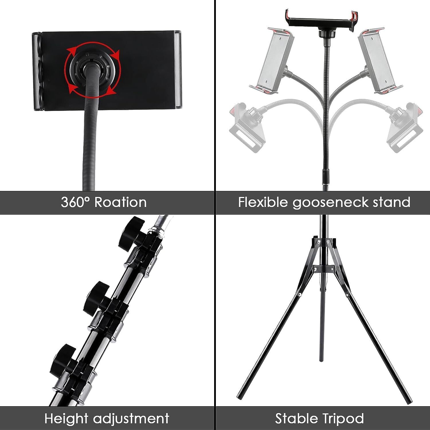 170CM Tall Flexible Phone Tripod Stand with Gooseneck