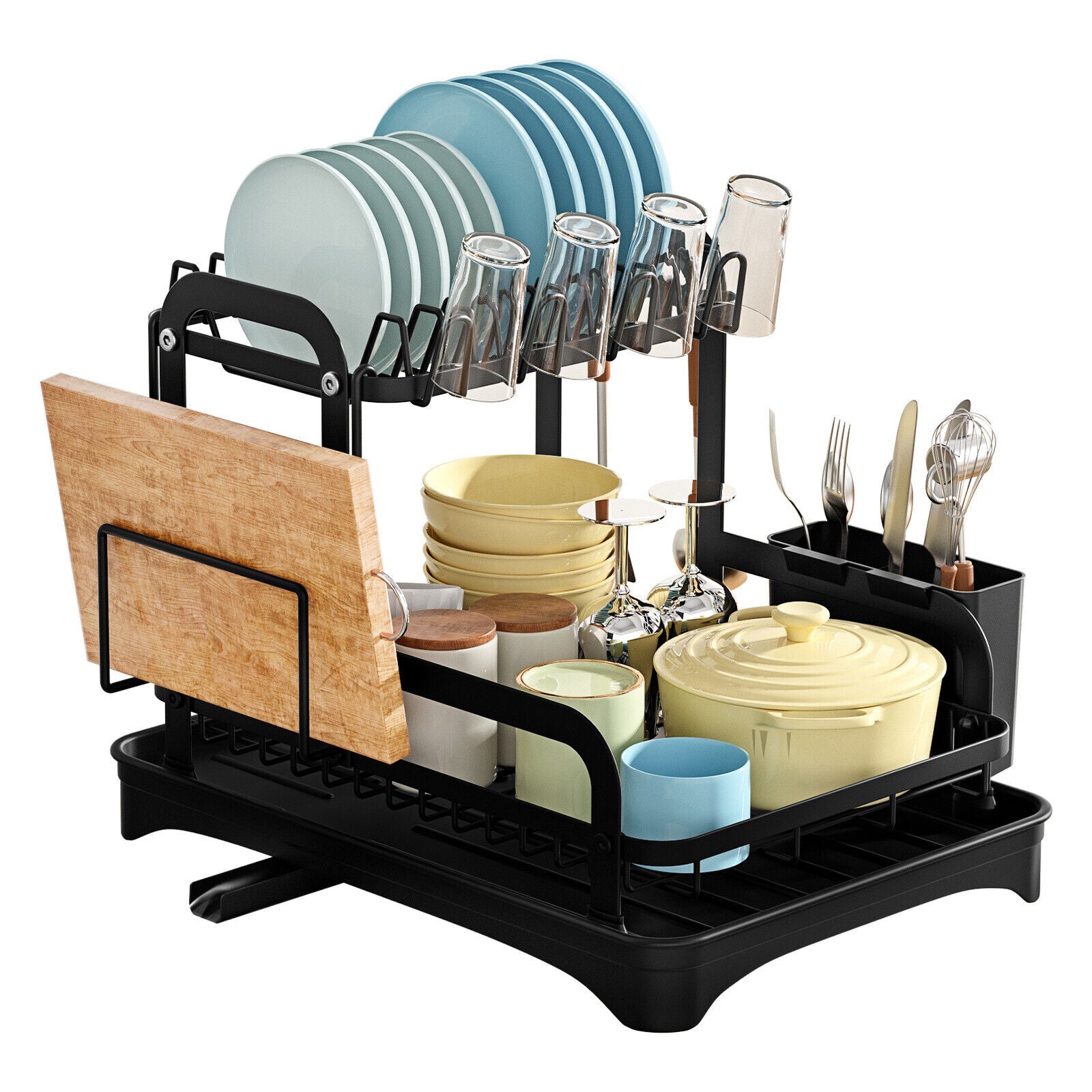 2 Tier Dish Rack Plate Cup Drying Drainer Storage Drip Tray Cutlery Holder UK