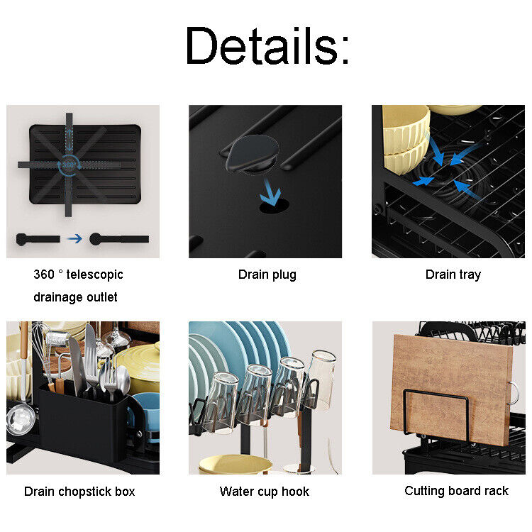 2 Tier Dish Rack Plate Cup Drying Drainer Storage Drip Tray Cutlery Holder UK